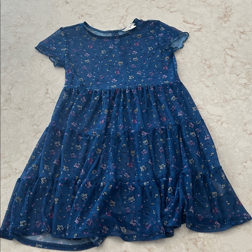 Knitworks Blue Floral Transparent Mesh Girls Dress